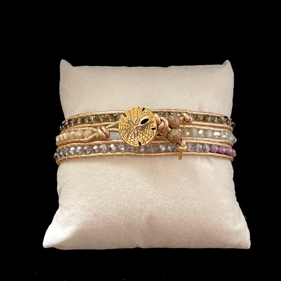 Metallic Leather Wrap Anklet Bracelet Hand Made with Sand Dollar Seashell Clasp - Picture 2 of 8